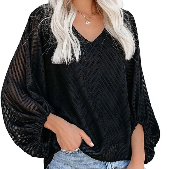 AlvaQ black v-neck chiffon blouse with sheer balloon sleeves size S - Picture 1 of 9